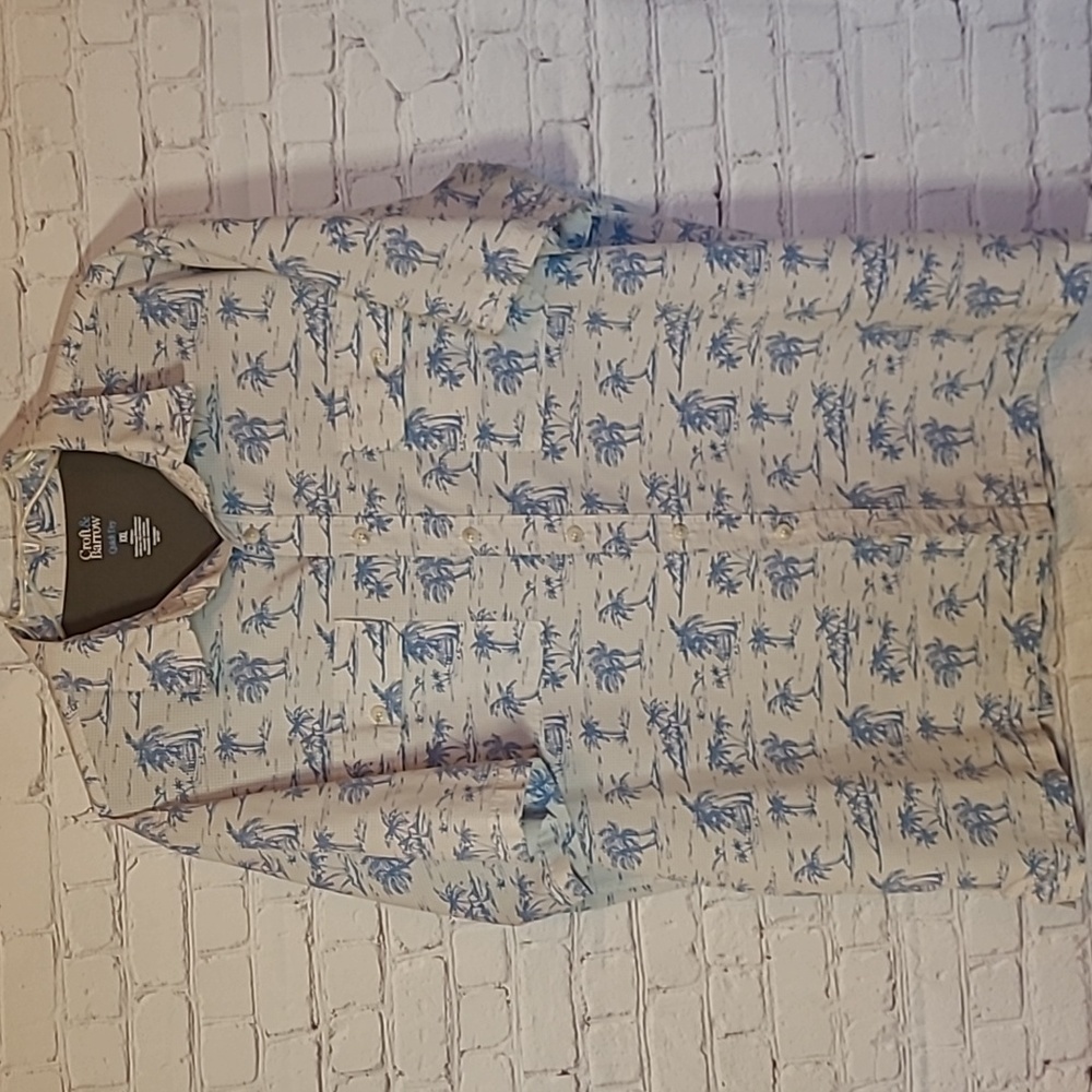 Men's XXL Blue Cream Tropical Print Palm Tree Vented Quick Dry Button Shirt
